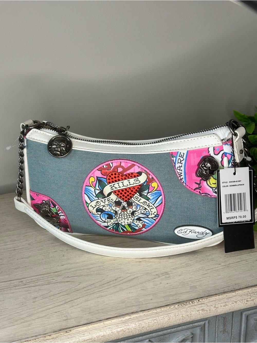 Ed Hardy Gray & Pink Canvas Logo Shoulder Bag